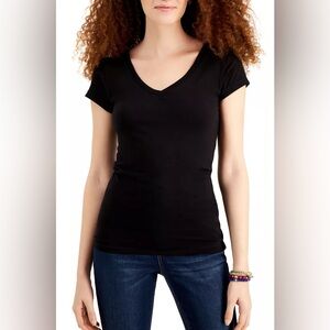 Aveto Juniors Black Fitted V-Neck T-shirt Cotton/Spandex Cap Sleeves Size Large